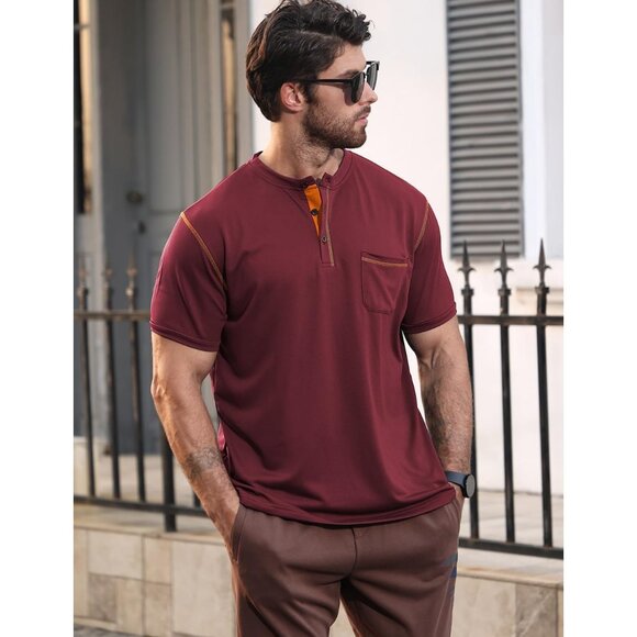 Mens Maroon Short Sleeve Henley T Shirt With Pocket And Stylish Trim Design - Picture 3 of 6